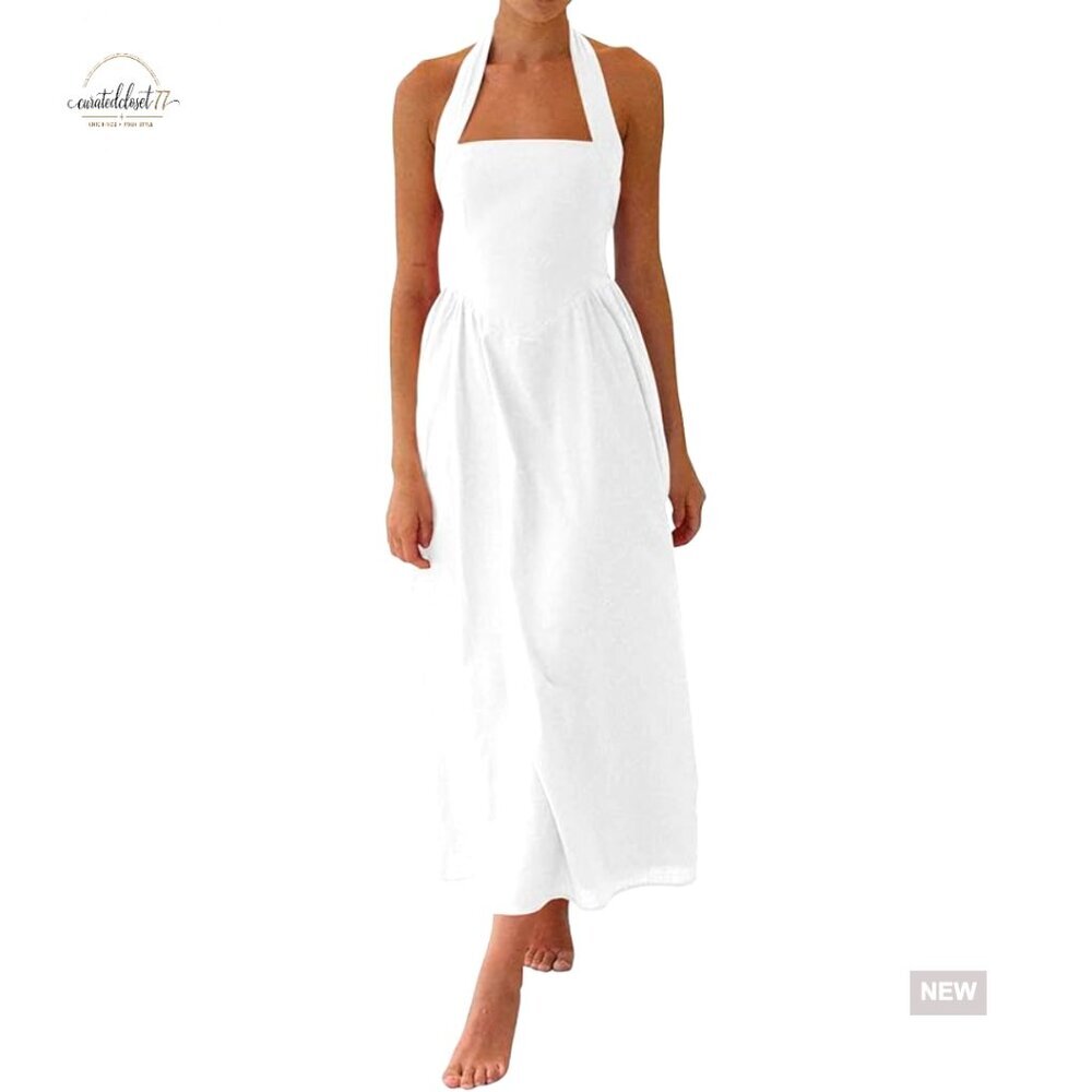Linen Blend Halter Neck Midi Dress Off Shoulder Backless Wedding Guest